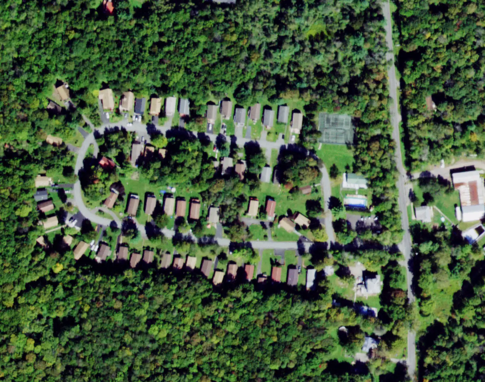 Aerial view of a summer bungalow colony in Sullivan County, New York